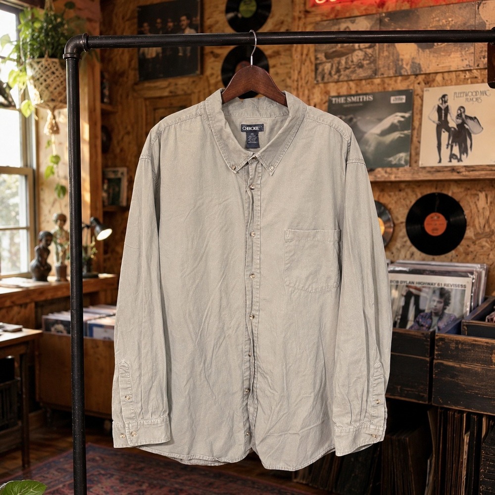Cherokee Mens XXL Olive Green Long Sleeve Button Down Shirt Utility Workwear
